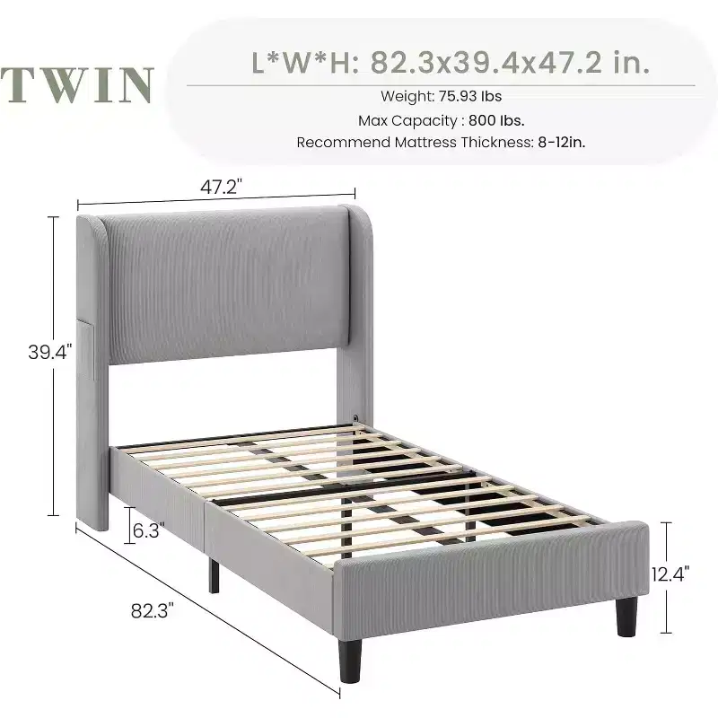 Twin Size Velvet Upholstered Platform Bed Frame,Bed with Wingback Headboard,o Box Spring Required,Wooden Slats Support,Easy Assembly
