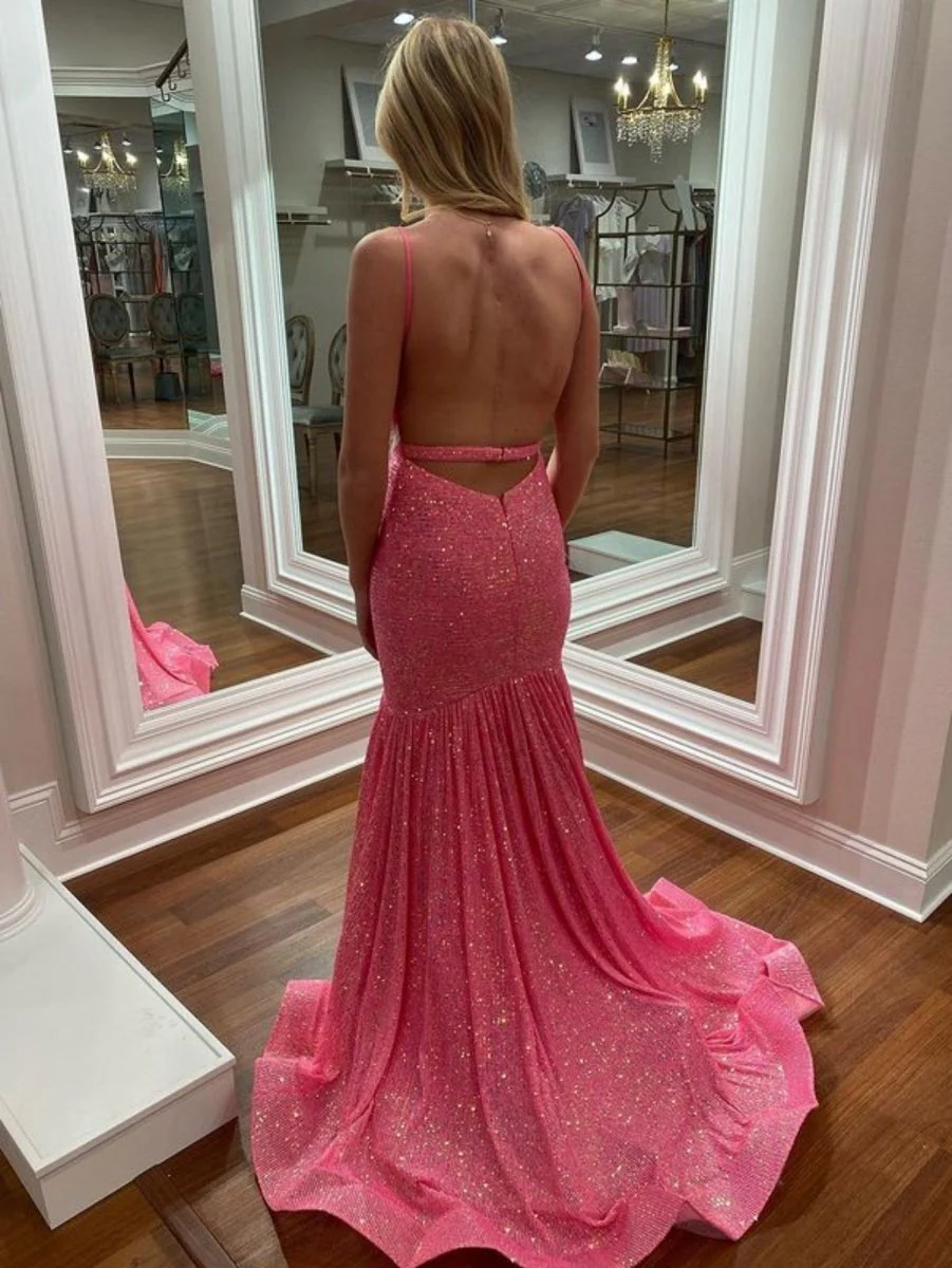 Mermaid Orange V Neck Sequins Prom Dress