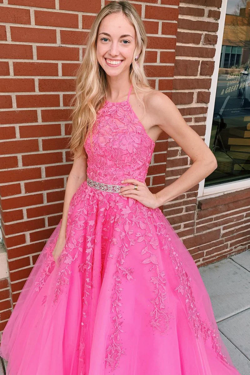 A-line Hot Pink Halter Tulle Prom Dress With Appliques