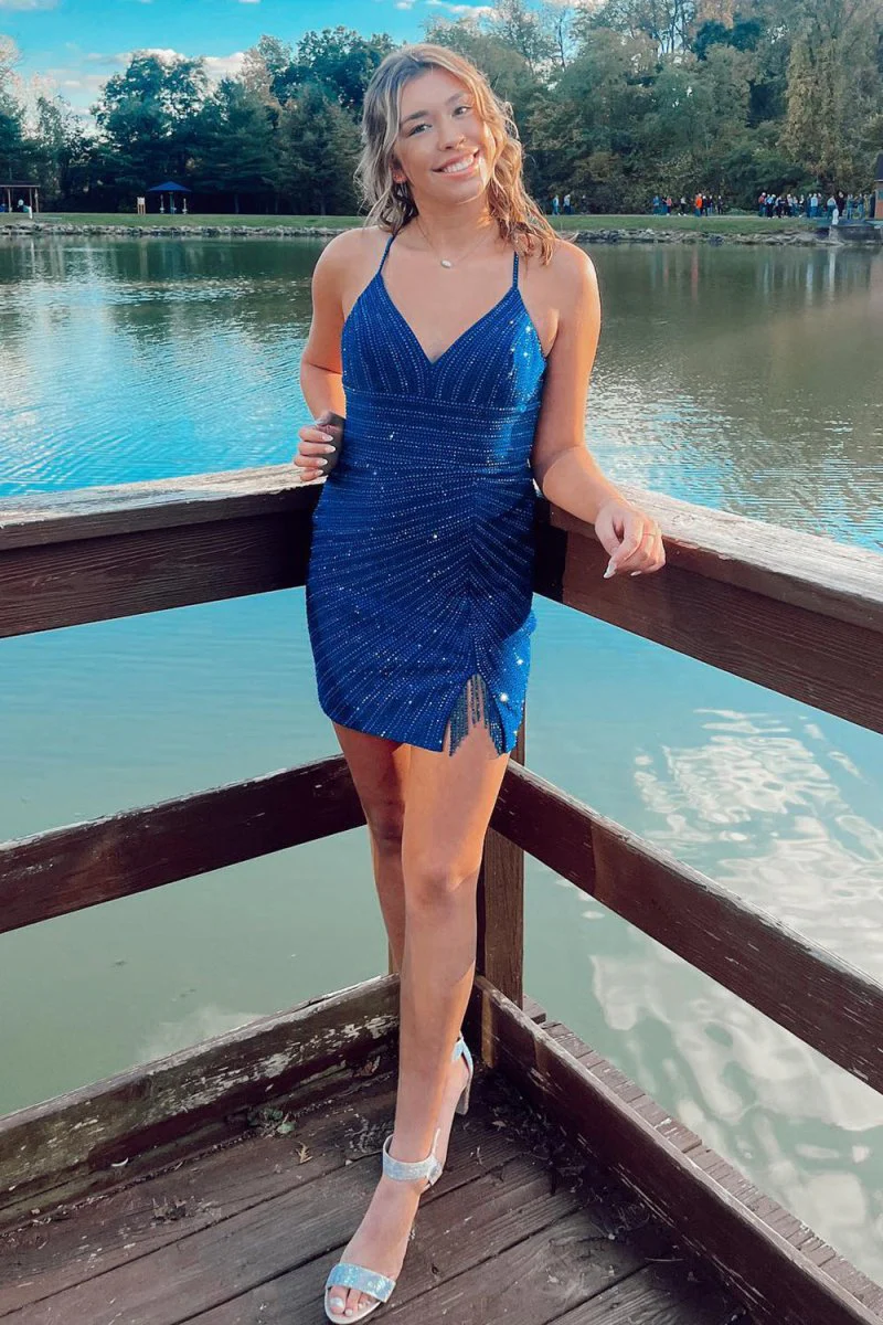 Royal Blue - Bodycon V Neck Short Homecoming Dresses With Beadings