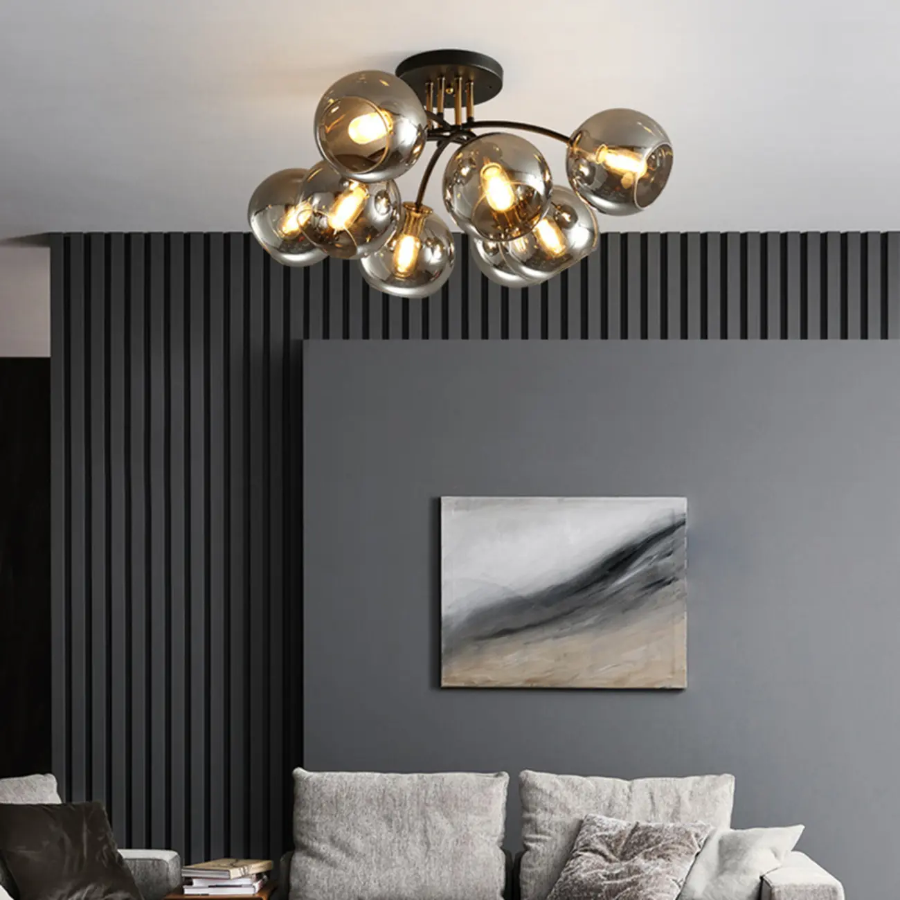 Modern Smoke Grey Glass Sphere Semi Flush Ceiling Light