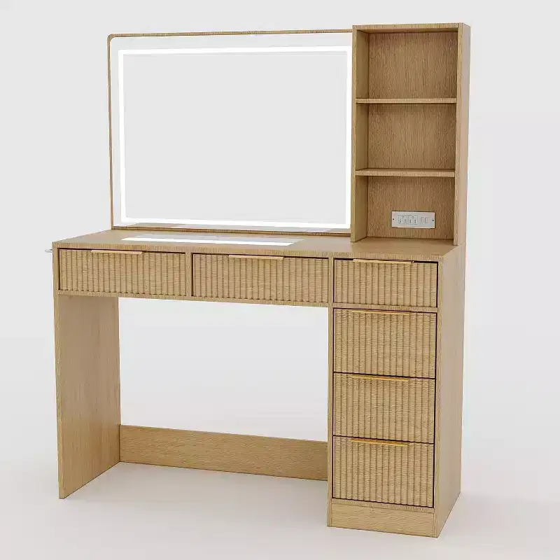 52in Wave Texture Makeup Vanity Desk with LED Mirror, Power Outlet, 6 Drawers, Glass Top & Storage for Bedroom Living Room