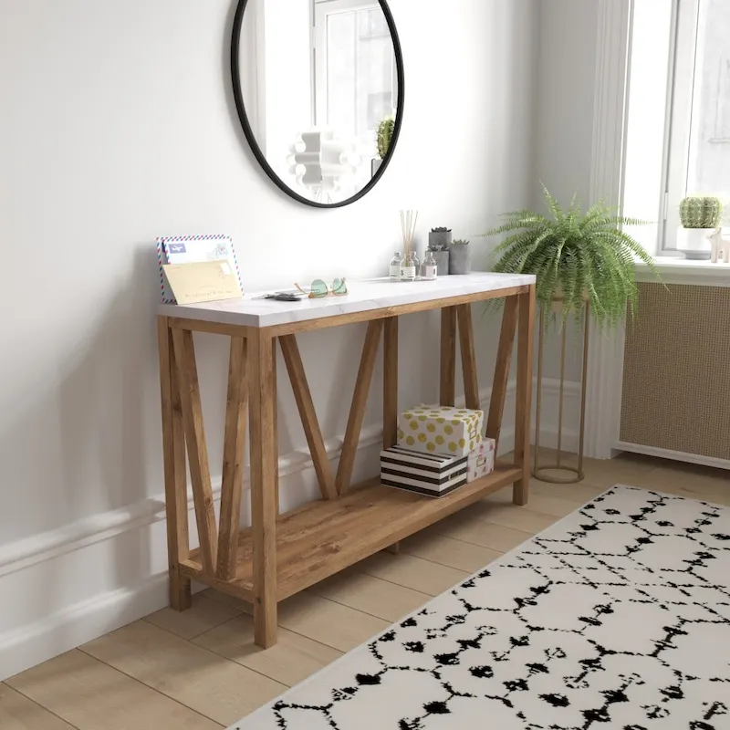 2-Tier Console Entryway Table – Black/Walnut / White/Oak / Oak/Marble / Oak/Concrete, Farmhouse Style