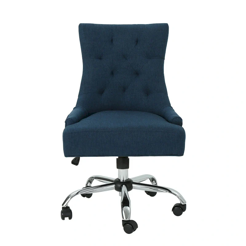 Swivel Office Chair, Navy Blue Fabric, Tufted Back, Rolling Wheels