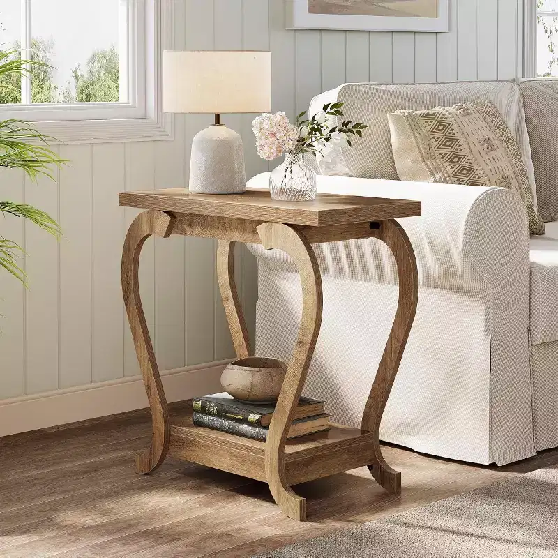 Lantine 2-Tier End Table, Narrow Wood Side Table, Bedside Accent Furniture for Living Room, Small Spaces, Bedroom, Brown