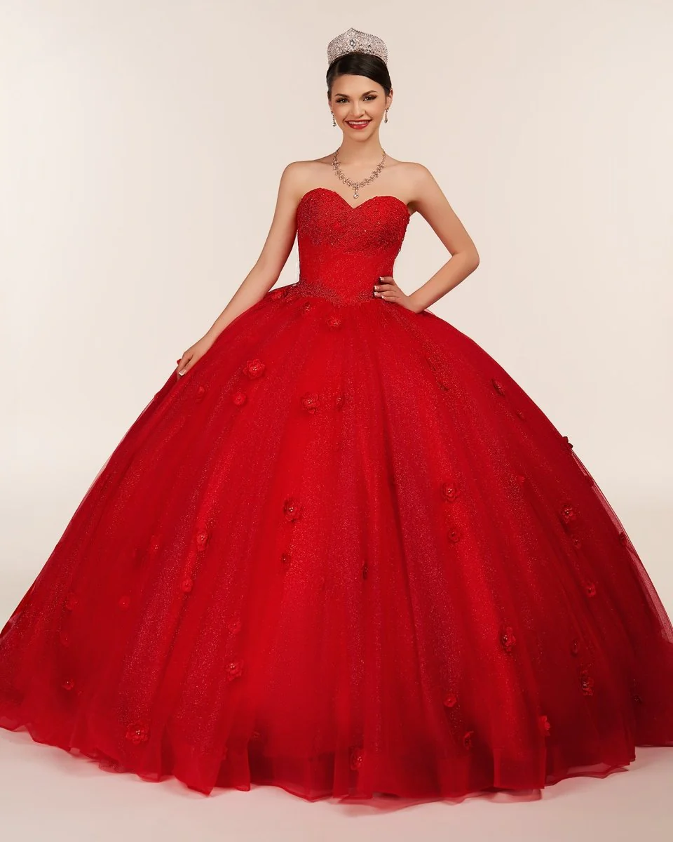 Red 3D Flowers Glitter Sequins Sleeveless Quinceanera Dresses