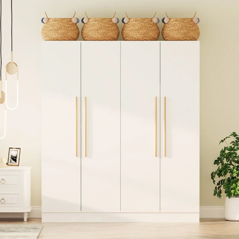 White & Grey Wood 4-Door Wardrobe Closet, 2-Person Style