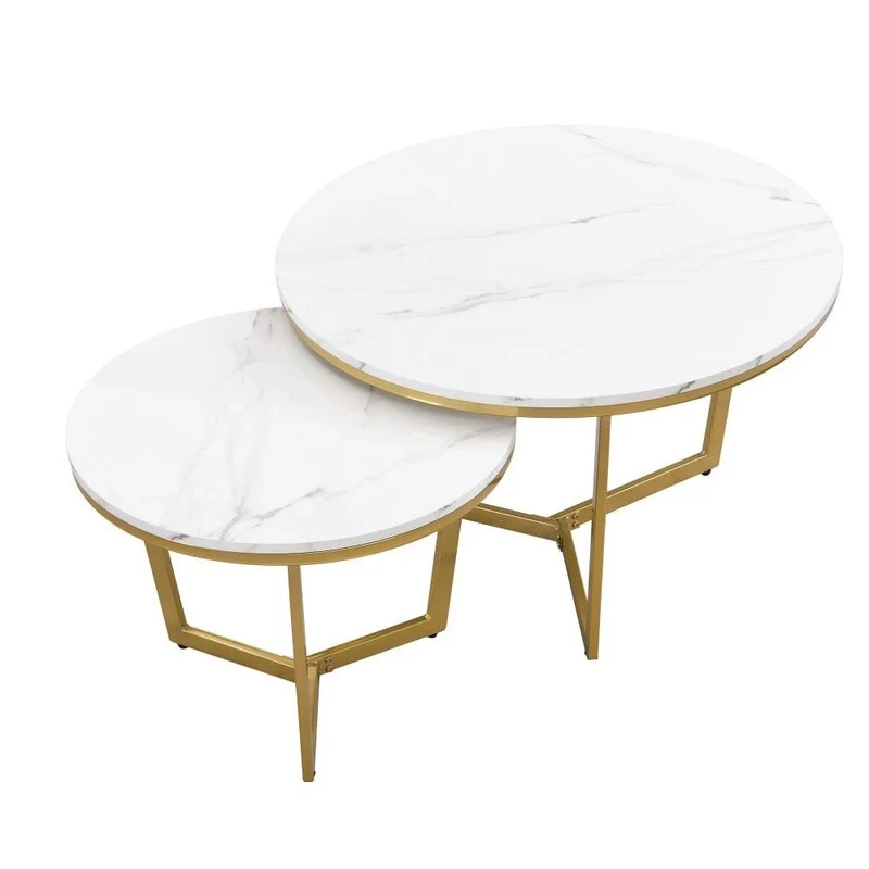 2Pcs Modern Round Nesting Coffee Table Set with Marbling Top Design and Gold Base