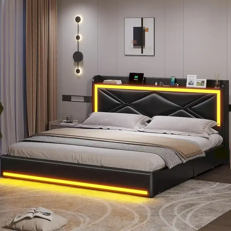 Bed Frame LED Lights Headboard & USB-C/A Charging Station 4 Drawers