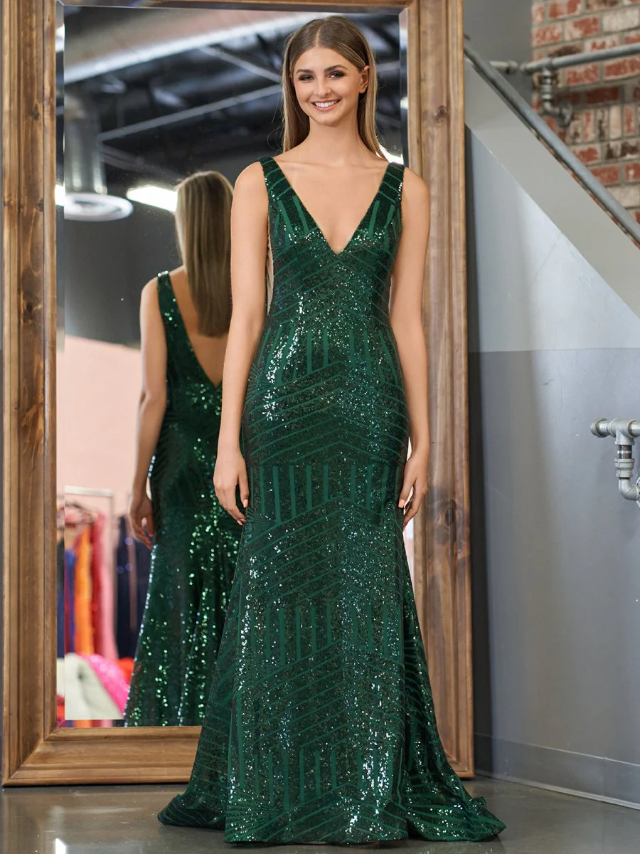 Red Mermaid Deep V Neck Sequins Prom Dress