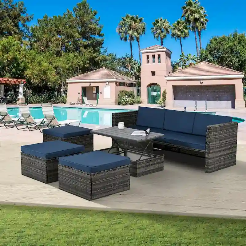 5 Pieces PE Wicker Outdoor Sectional Sofa Set with Lift-Top Coffee Table
