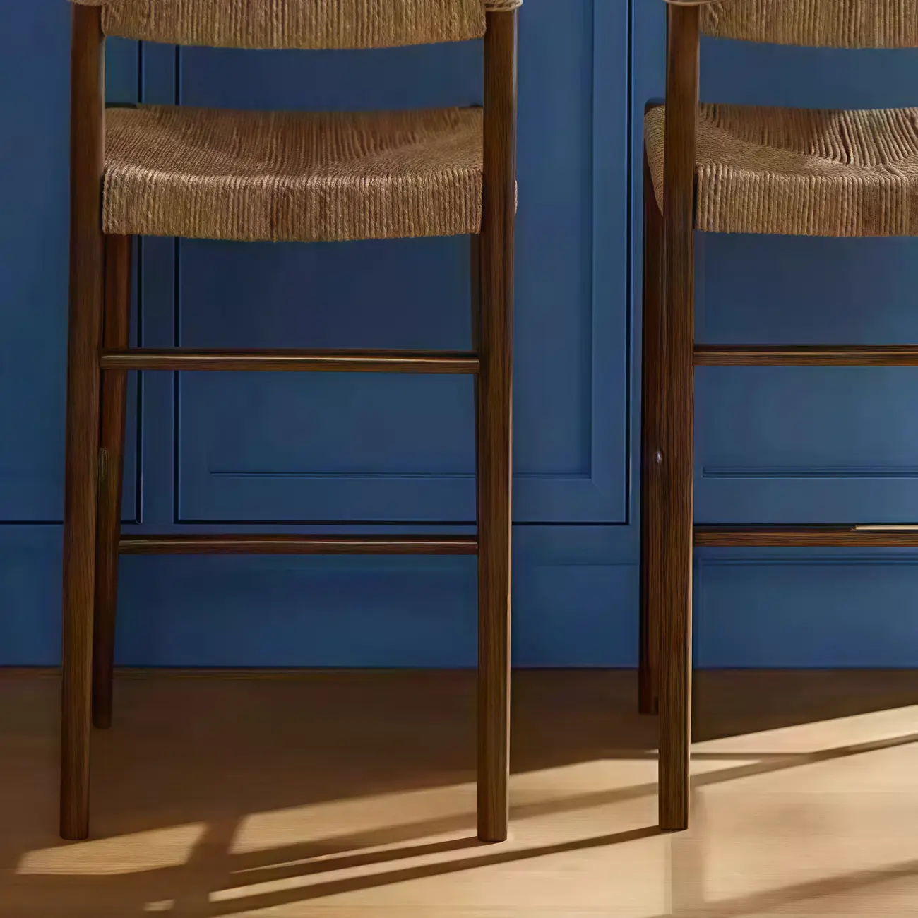 Natural Wood Woven Seat Low Back Bar Stools