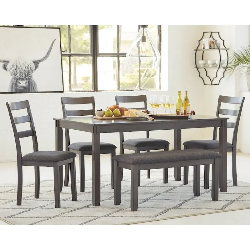Grey Charcoal Rectangular Dining Set, Ladder-Back Style, Seats 6