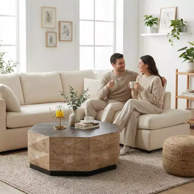JVNOXK 38 Octagon Retro Wood Coffee Table with 3D Embossed Pattern for Living Room