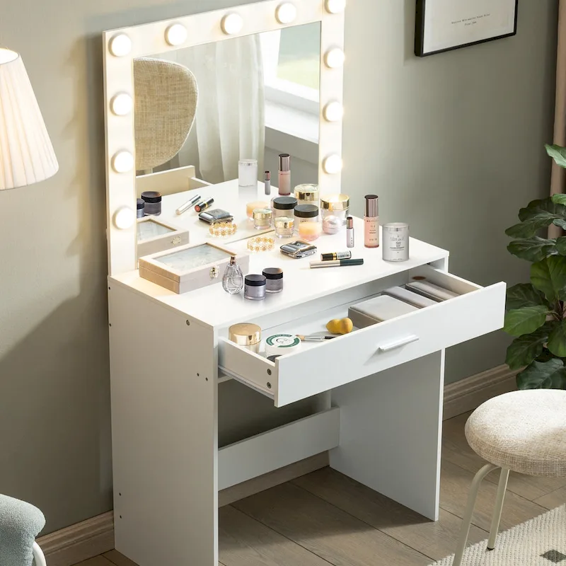 Pink / White / Black Vanity Makeup Table with 11 LED Bulbs & 3 Lighting Modes, 1-Person