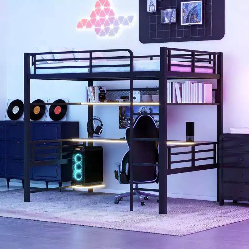 Luxystar Full Size Metal Loft Bed with Desk, Storage Shelf, Computer and Host Stand, Black