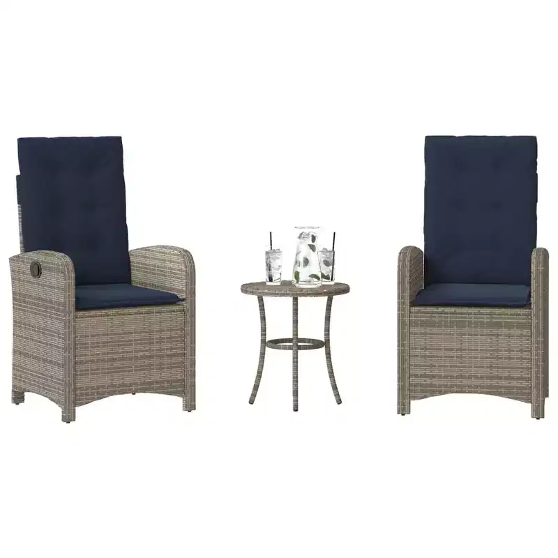 vidaXL 3-Piece Poly Rattan Bistro Set - Adjustable Reclining Chairs with Cushions & Round Table, Weather-Resistant, Gray/Navy Blue