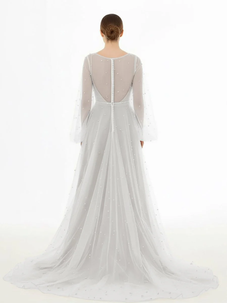 Simple Modest A-Line Long Sleeve Tulle Elopement Illusion Wedding Dress with Pearl