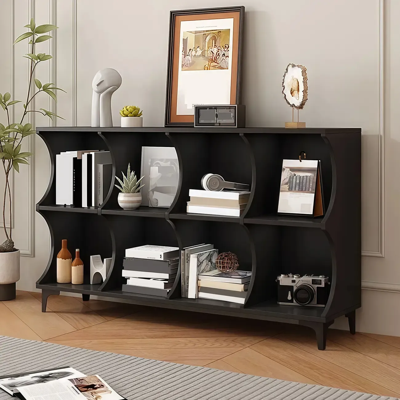Modern Black Wooden 2-Tier Modular Cube Bookcase