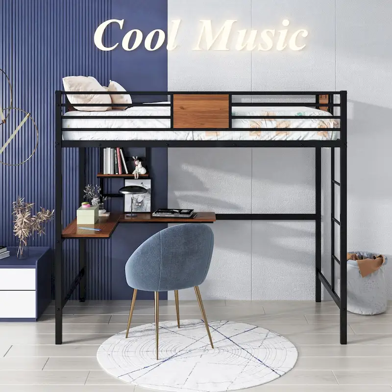 Black / White Metal Twin Loft Bed with Desk, Shelf and Integrated Ladder – 1-Person