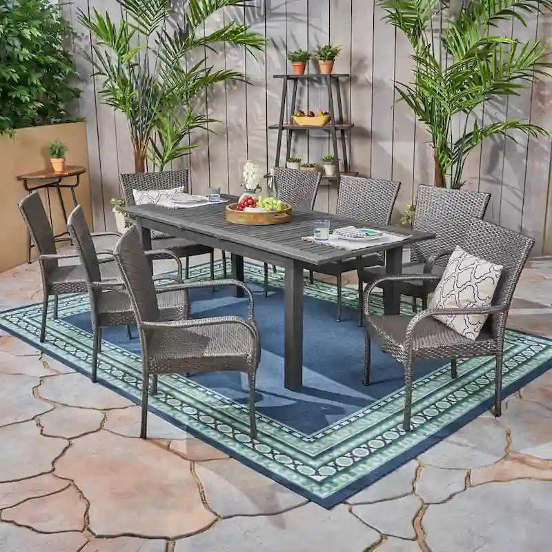 Hayes Outdoor 9 Piece Wood and Wicker Expandable Dining Set by Christopher Knight Home