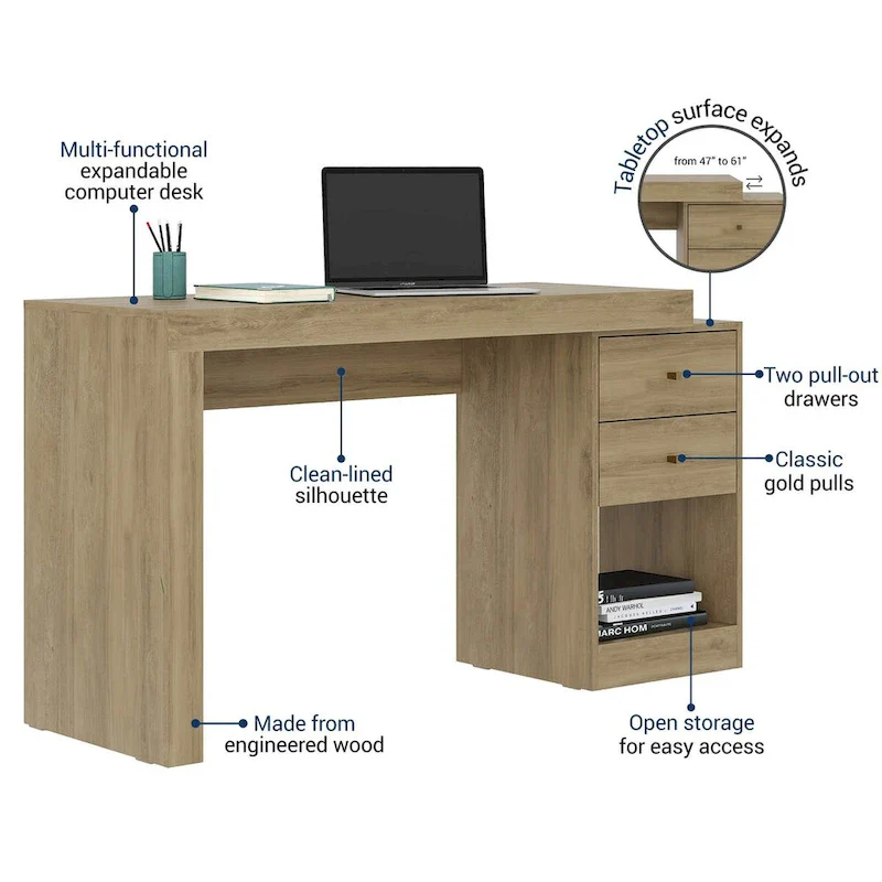 Modern Designs Expandable 47 to 61 Inches Long Home Office Desk