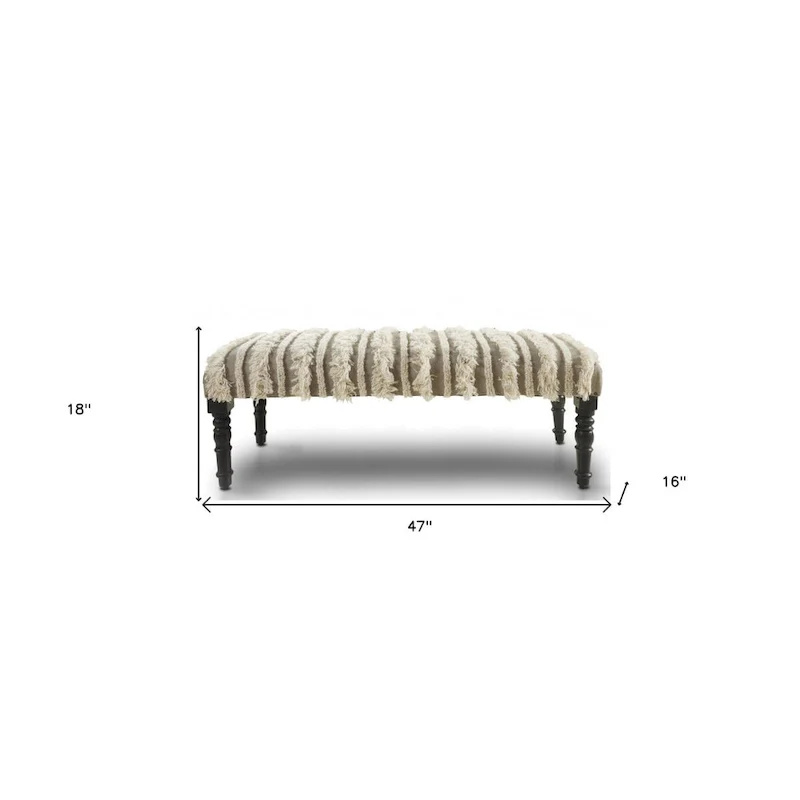 Cream Striped Upholstered Bench with Black Legs - 47