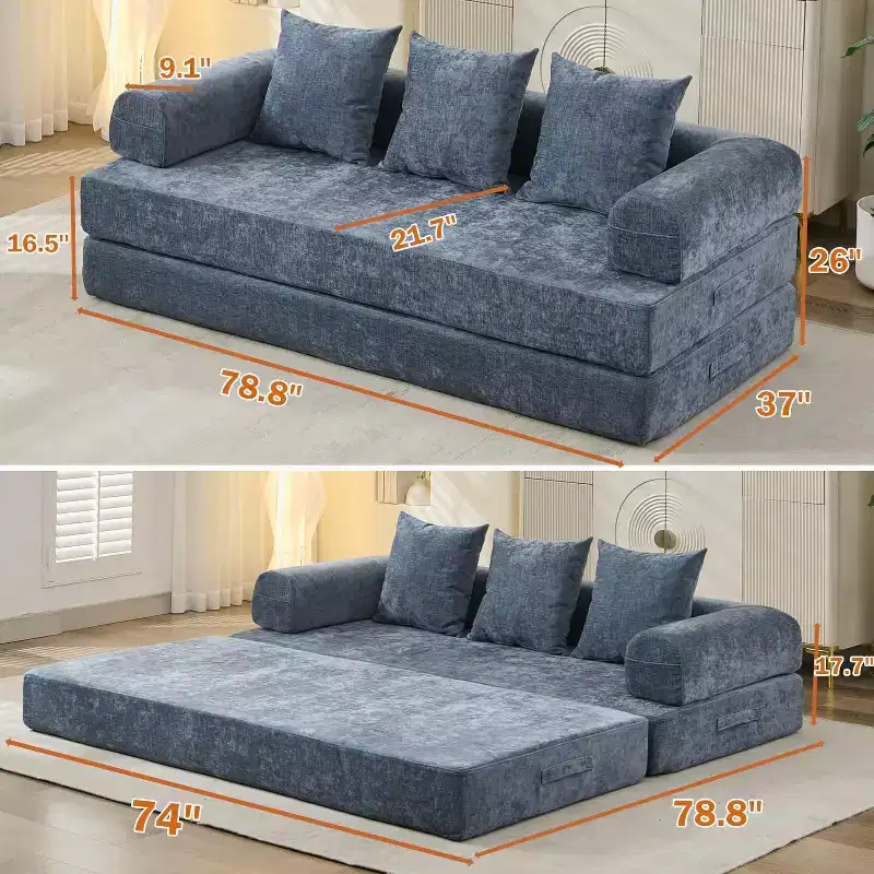 MooxvMoo 4-in-1 Convertible Sofa Bed, Floor Foldable Couch Bed with Armrests & Pillow, No Assembly Required, Comfy Memory Foam Couch, Blue