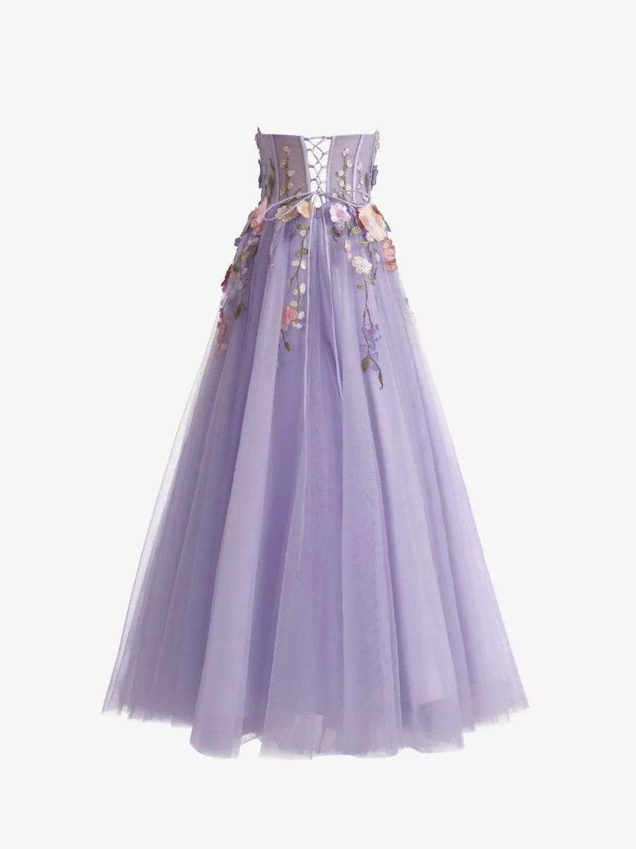 Lavender A-Line Strapless Tulle Homecoming Dress With 3D Flowers