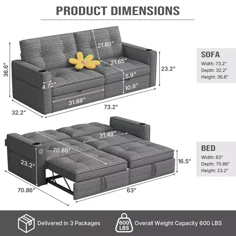 MooxvMoo 73 Queen Size Loveseat Sleeper Sofa w/ Pull Out Bed, Pockets and USB, Modern 2 Seater Convertible Small Couch for Living Room, Gray