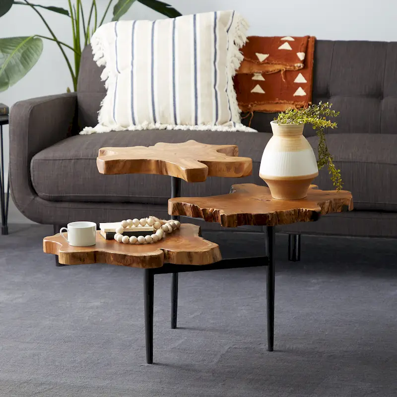 Teak Wood Live Edge 3-Tier Accent Table – 36Wx34Lx24H