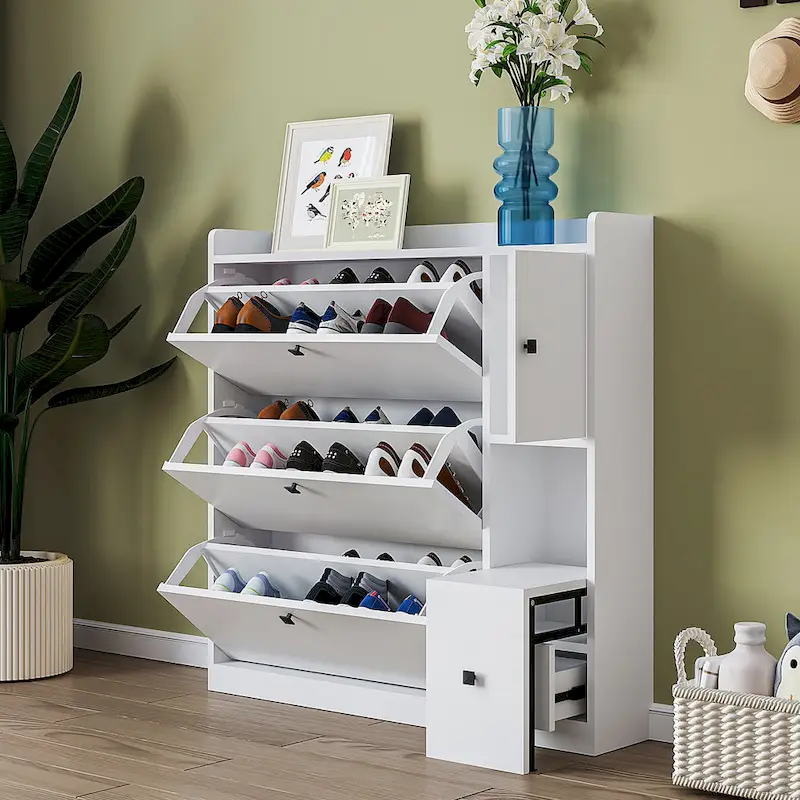 White / Black Flip Drawer Shoe Cabinet with Pull-Down Seat for 2