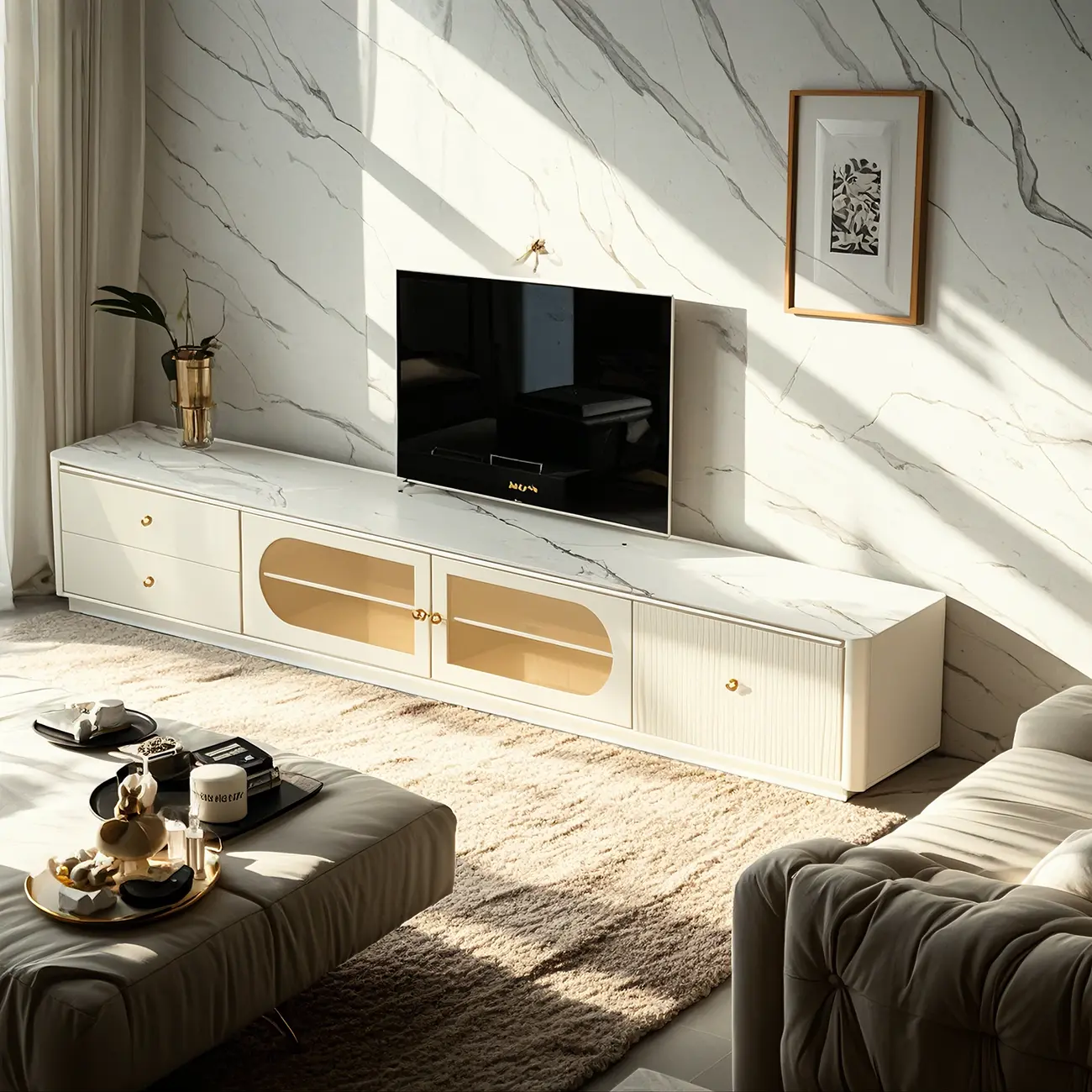 White Modern Rectangle Stone Fluted Glass Door TV Stand
