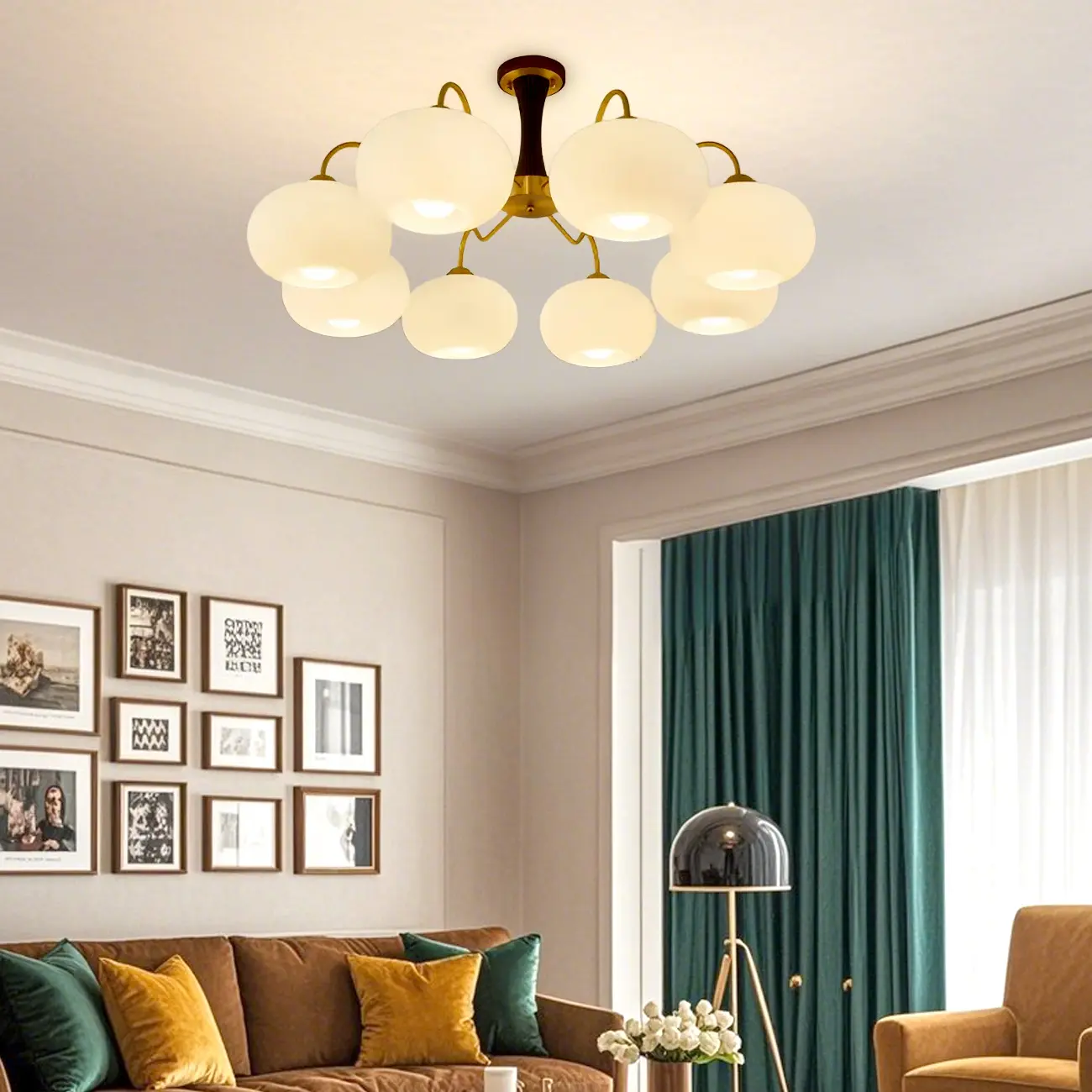 Classic Large Glass Drum Walnut Wood Semi Flush Ceiling Light