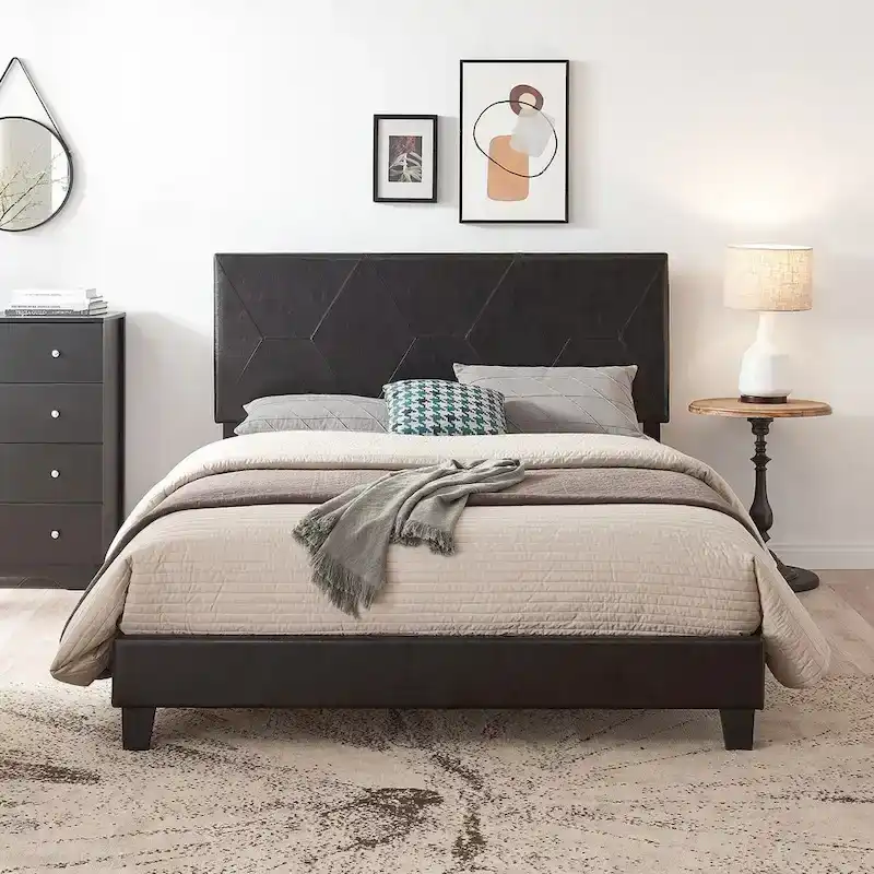 Queen Size Upholstered Platform Bed Frame ,Wood Slat Support, Easy Assembly,Black,PU