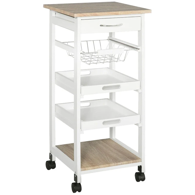 White Rolling Kitchen Cart with Wire Baskets & Drawer – 1 Person