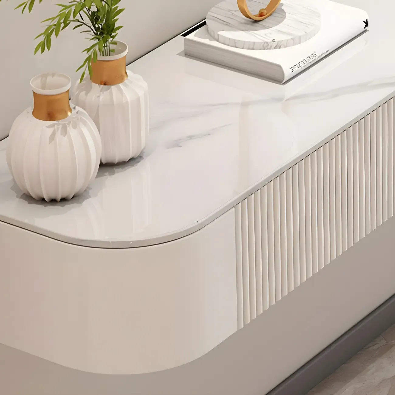 79 White Stone Floating TV Stand with Drawer & Cabinet