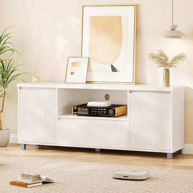 TV Stand with Storage, Fluted Entertainment Center for 60/65/70 inch TV, Modern Media TV Console Cabinet with Drawer for Living Room, Bedroom, White