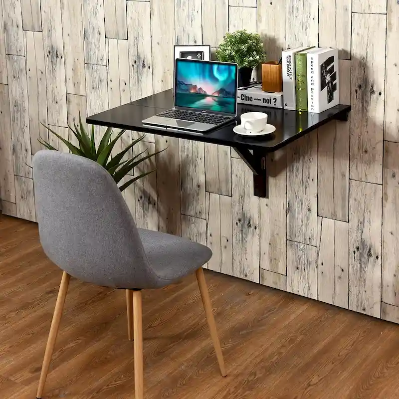 Gymax Wall-Mounted Drop-Leaf Table Floating Folding Desk Space Saver