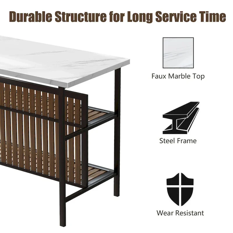 Grondin Mid-Century Modern 3-Piece Faux Marble Top Kitchen Island Set with 2 Stools and Shelves - N/A