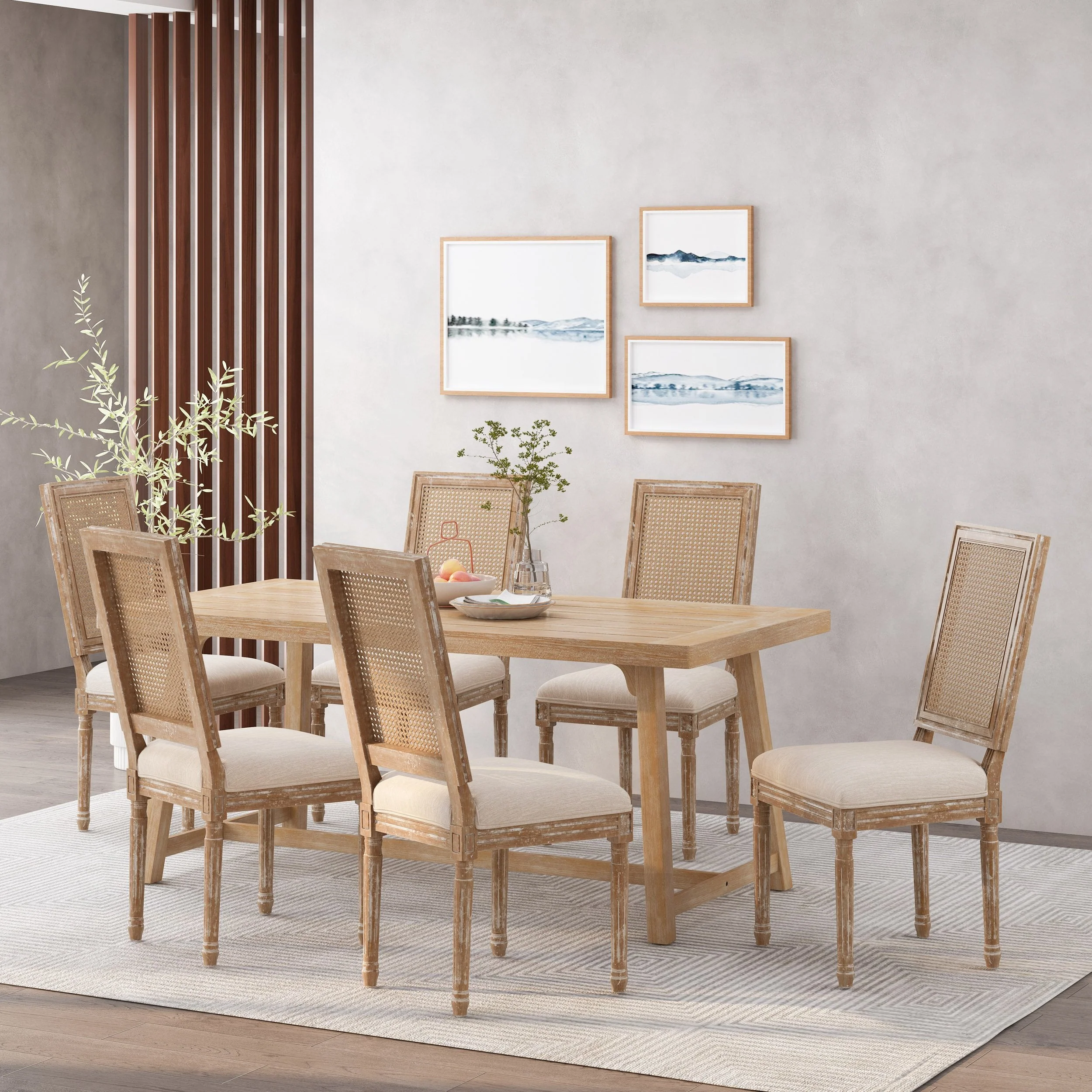 French Country Wood and Cane Upholstered Dining Chair (Set of 6) - NH794513