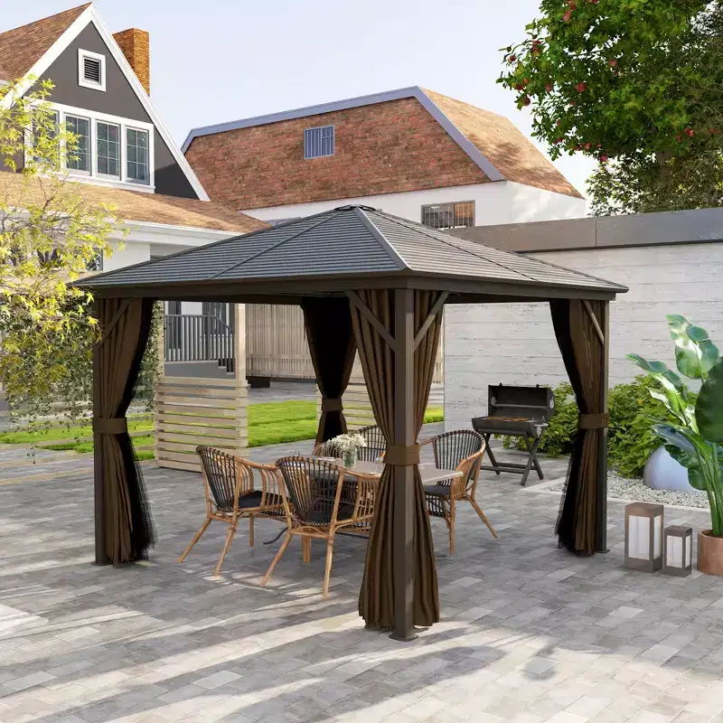 Outsunny 10' x 10' Hardtop Gazebo with Aluminum Frame, Permanent Metal Roof Gazebo Canopy with Curtains and Netting for Garden, Backyard, Dark Brown