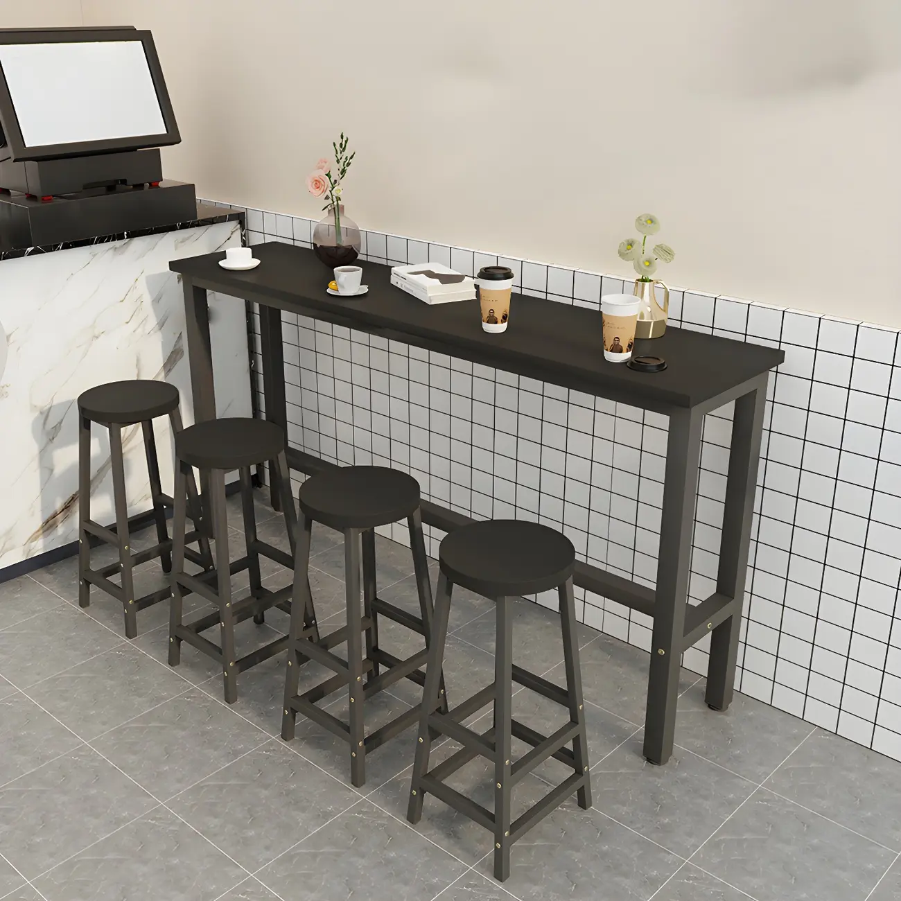 Rectangular Natural Wood Metal Trestle Bar Tables