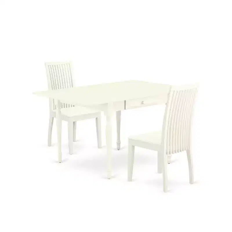 HomeStock 3-Pc Linen White Finish Rectangular Solid Wood Top With Dropleaf Dining Table Set