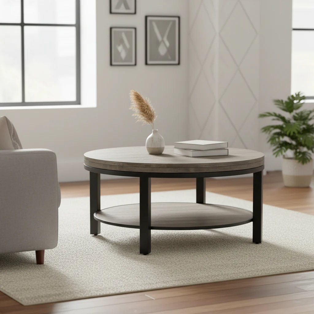Solid Wood and Metal Round Coffee Table in Washed Grey - 19 x 40 x 40
