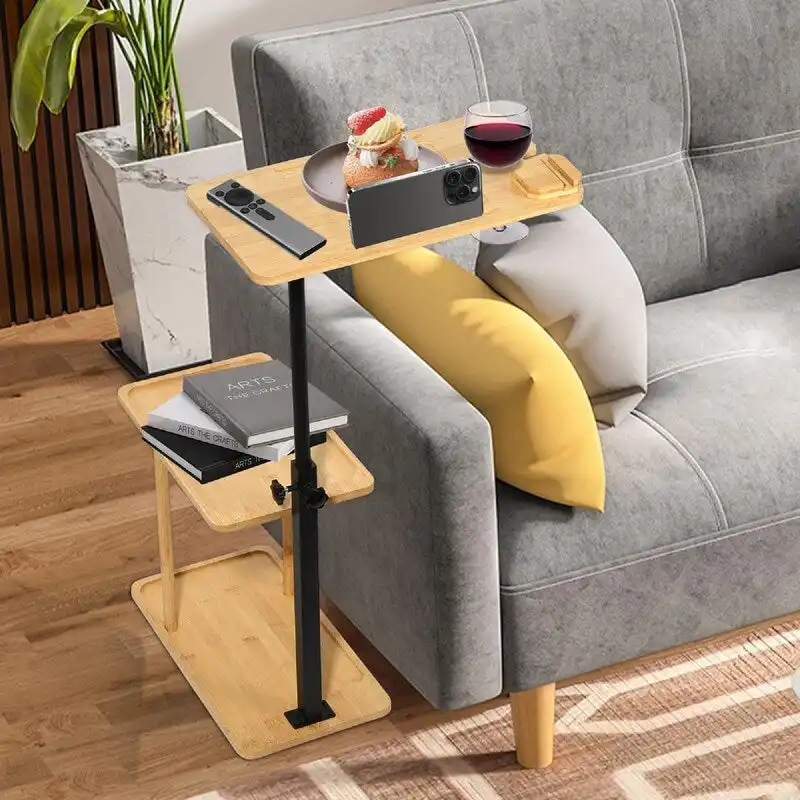 Bamboo & Black C-Shaped 3-Tier End Table with 360° Rotating Phone Holder – 1-Person