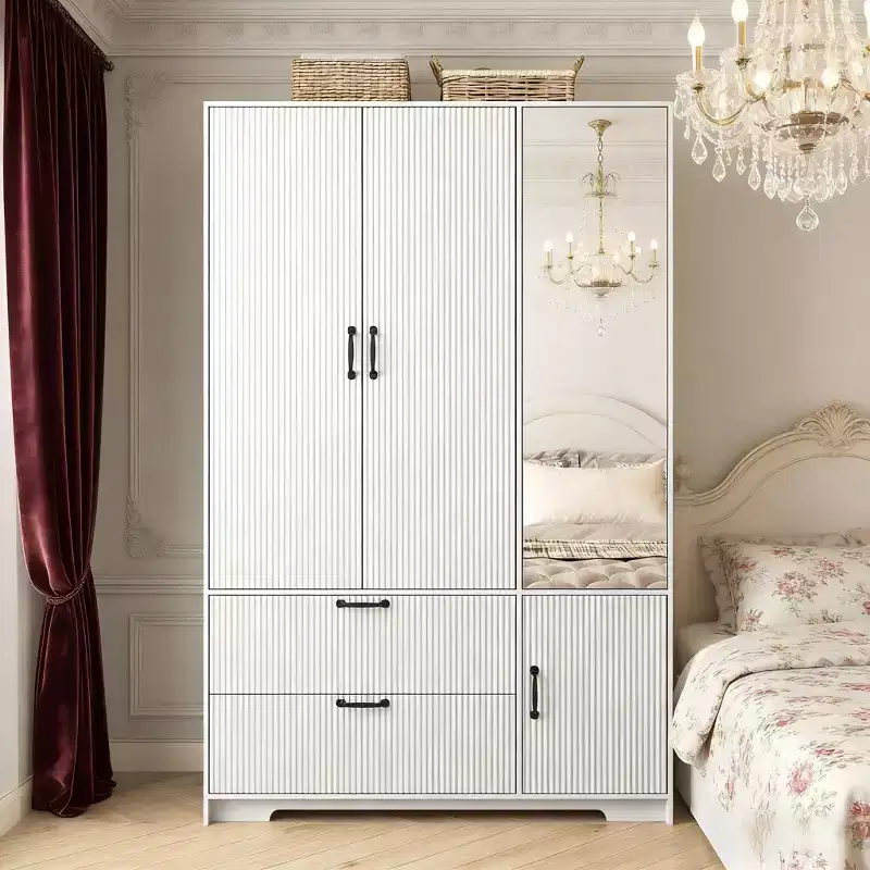 JVNOXK 4 Doors White Wardrobe Closet with Mirror, LED Lights, 2 Drawers, Hanging Rod & Adjustable Shelves, Wooden Bedroom Storage Cabinet