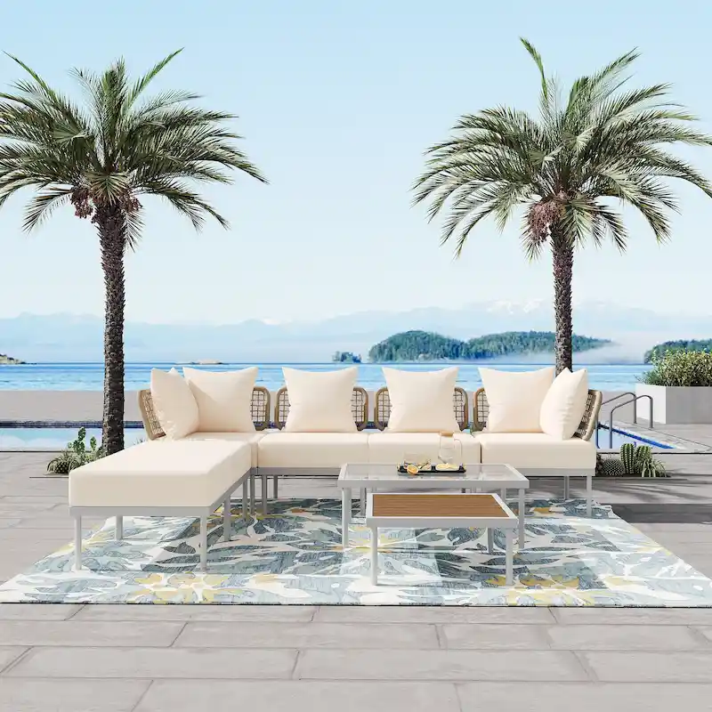 Outdoor 8-Piece Iron Modular Sectional Sofa Set with Glass & Wood Tables