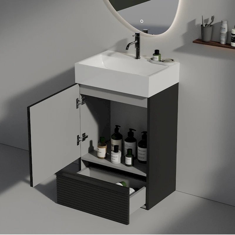 Single Sink Bathroom Vanity, Modern Grille-patterned Freestanding Vanity With Hidden Handle, Wood Bathroom Cabinet
