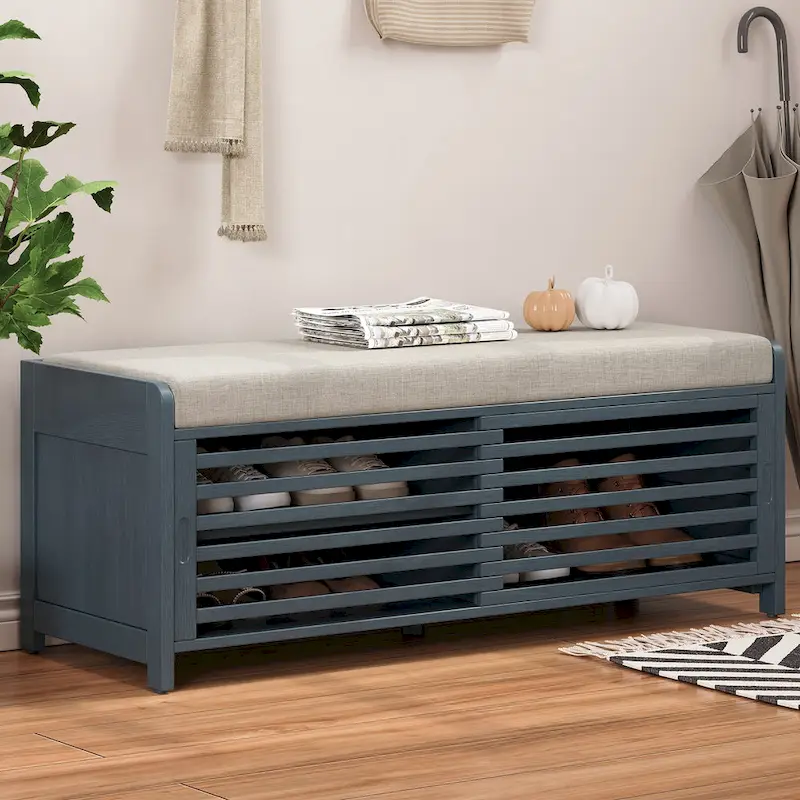 Shutter-Style Storage Bench with Cushion & Sliding Door – Navy / Espresso / Grey / White Washed / White, Classic Style